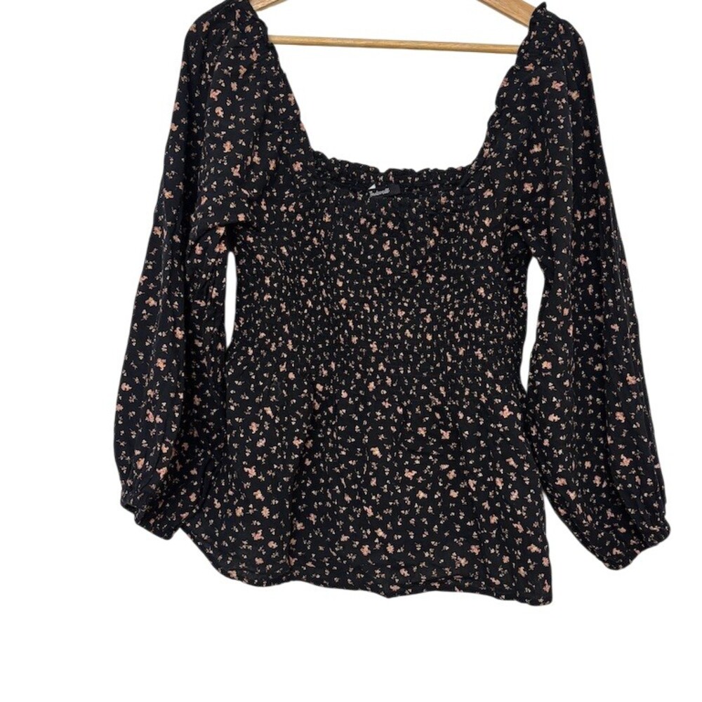 Madewell Blouse Womens Size 12 Black Floral Smocked Peplum Square Neck
